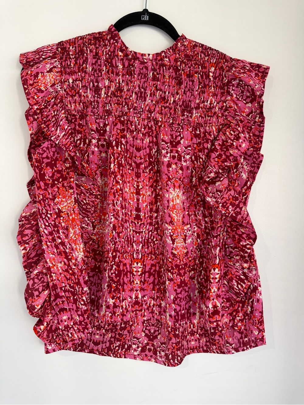 TCEC Pink Red Floral Smocked Ruffle Mock Neck Blouse
